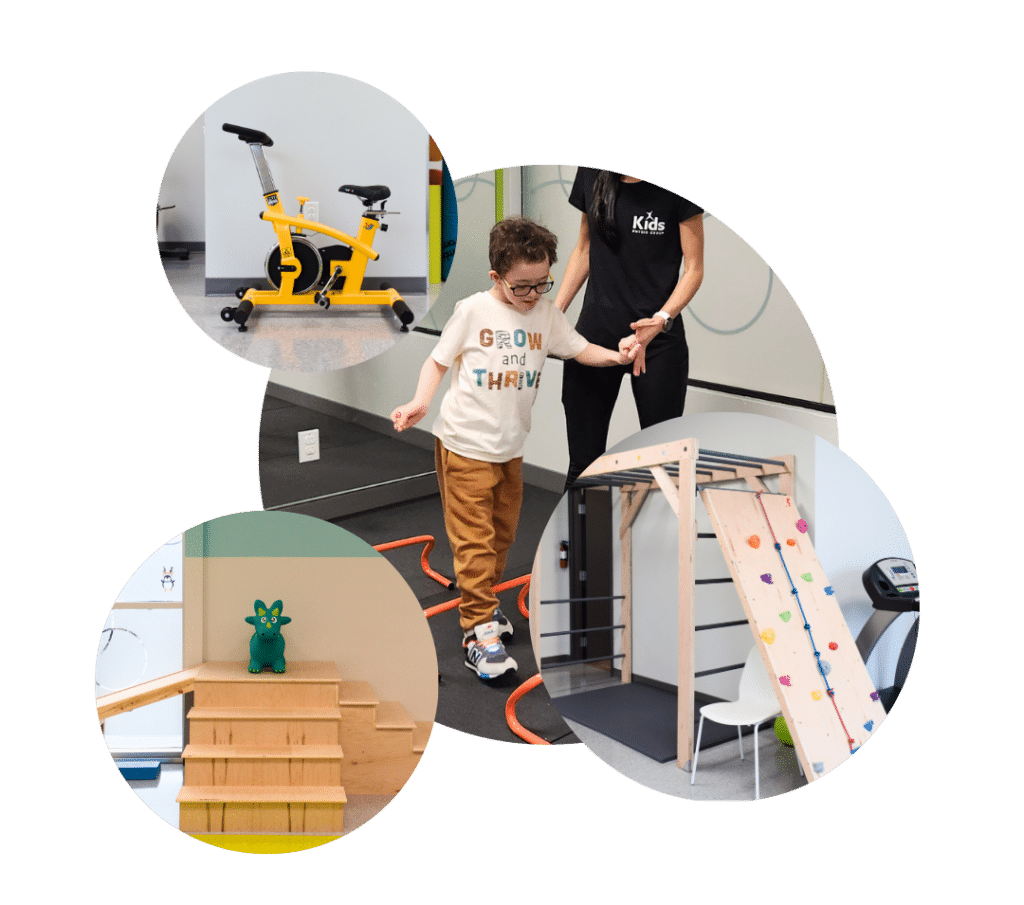 physical and developmental disabilities - a series of photos displaying children at kids physio using child mobility aids and equipment to engage in their fun physio session