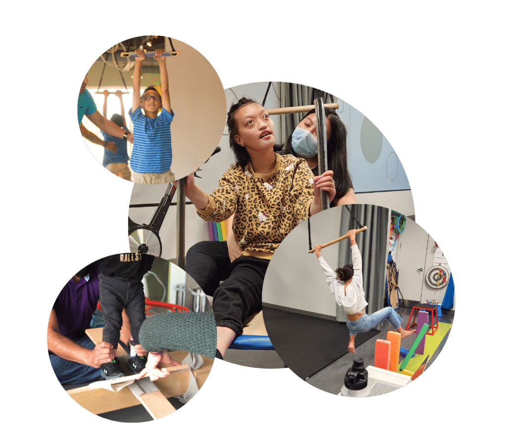 physical and developmental disabilities - a series of photos displaying children at kids physio using child mobility aids and equipment to engage in their fun physio session